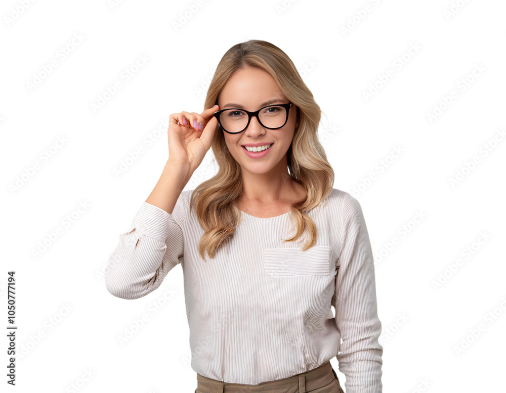 Smiling businesswoman adjusting eyeglasses on transparent background