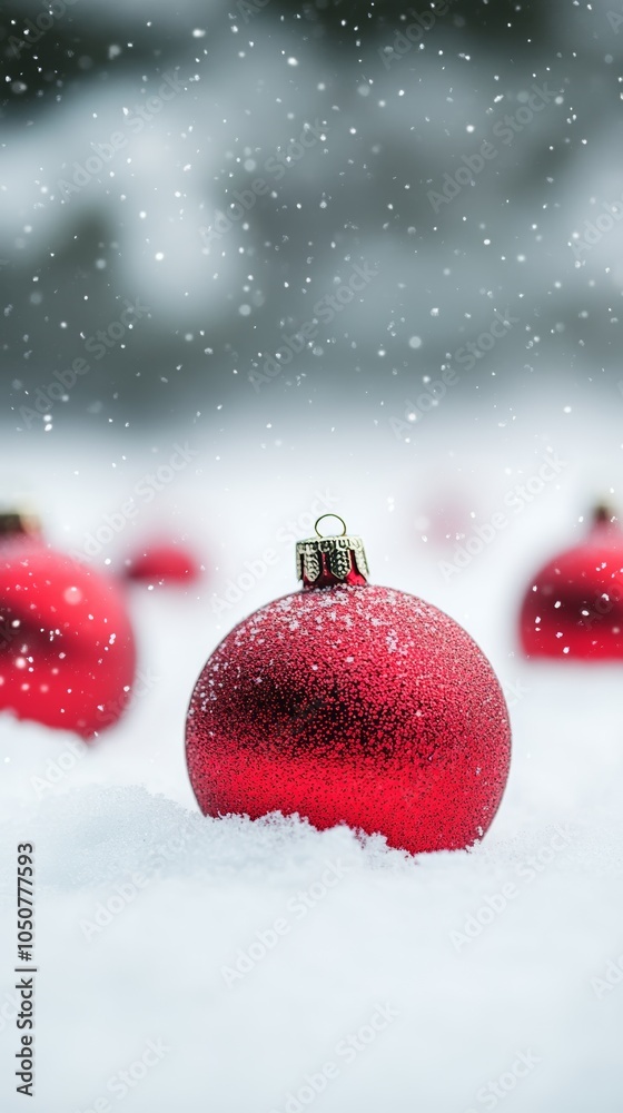 Single red Christmas bauble in snow with soft snowfall in the background. Classic for Christmas and New Year. Single red Christmas bauble in snow with soft snowfall in the background. Classic for Christmas and New Year.