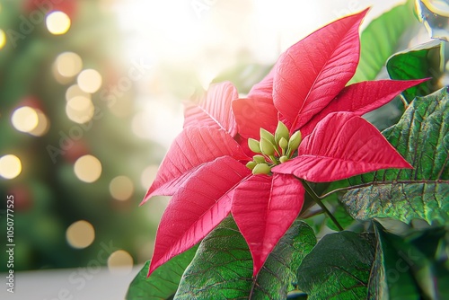 Poinsettias with a blurred background and space for text. One of the most traditional Christmas flowers.