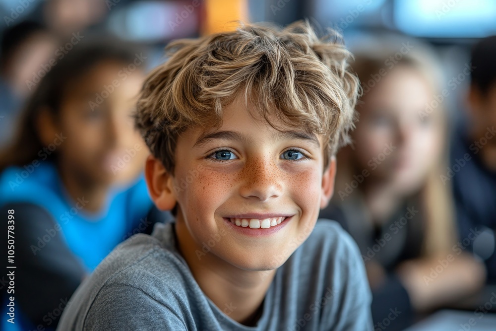 Young school boy smiling at the camera in a coding class, with his classmates in the background, Generative AI Young school boy smiling at the camera in a coding class, with his classmates in the background, Generative AI