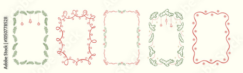 Set of doodle hand drawn ink Xmas frames with christmas tree, snowflakes, ribbon and bows, christmas lights garlands. Minimalist line art. Trendy borders for holiday poster, invitation, greeting card.