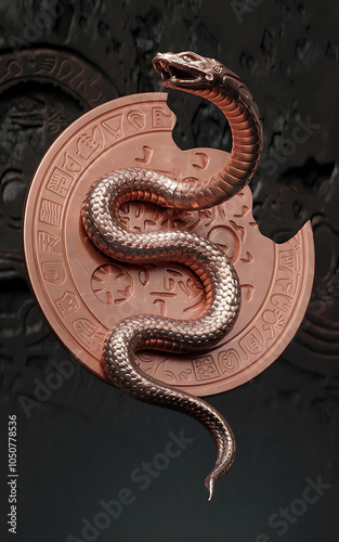 Copper snake on a circular copper plate with ancient symbols  a mystical and powerful image for fantasy and mythology    photo