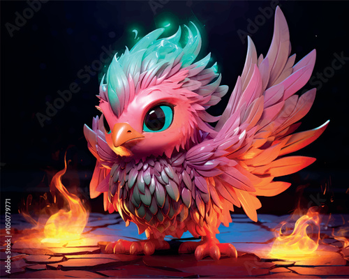 Fairy-tale character phoenix bird 3D model luminescent. Cartoon phoenix bird statue lantern lamp. Fire bird phoenix 3D figurine made of glass.