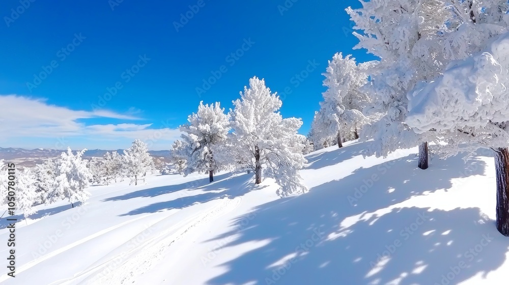 Obraz premium Winter landscape with ice and snow covered abetos. You can see snow on the hills in this picture.
