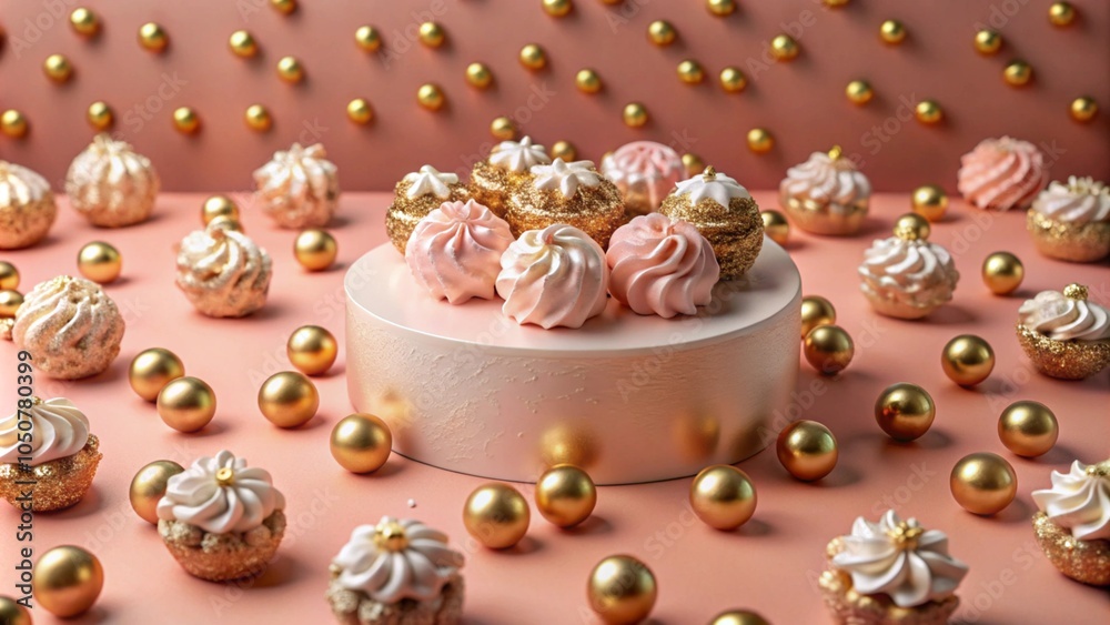 A pink and gold dessert table with miniature cakes, macarons, and sprinkles. A pink and gold dessert table with miniature cakes, macarons, and sprinkles.
