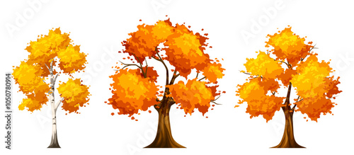 Autumn deciduous trees isolated on a white background. Set of vector illustrations