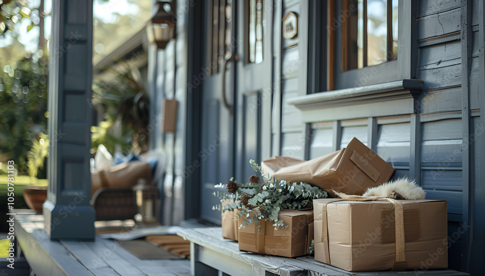 Fototapeta premium Delivered parcels on porch near front door