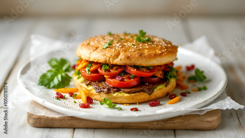 Gourmet Burger with Tomato Slices, Sesame Seed Bun, and Parsley Garnish on White Plate