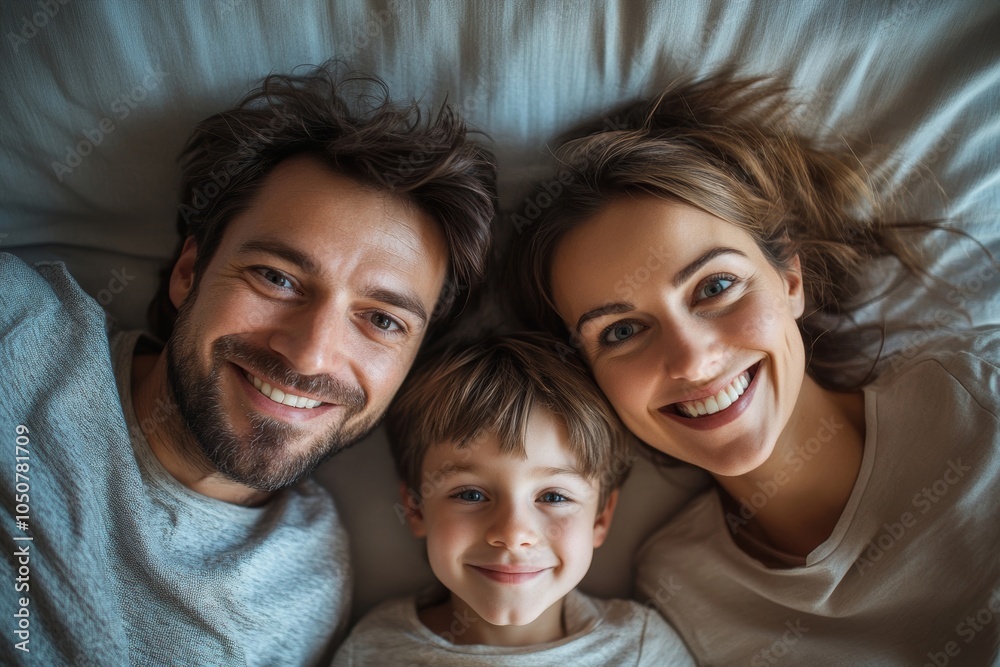 Overhead view of a happy family lying on the bed at home, Generative AI Overhead view of a happy family lying on the bed at home, Generative AI