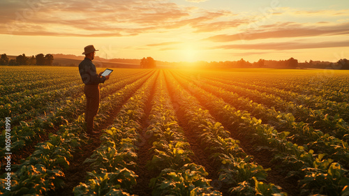 Engineer evaluates crop data on a tablet during sunset in a sprawling field