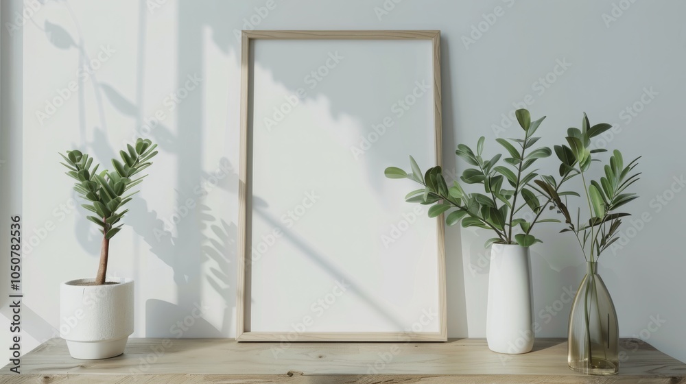 A blank frame with a natural wood finish sits on a wooden table with two plants in white pots. The plants add a touch of greenery to the minimalist decor. A blank frame with a natural wood finish sits on a wooden table with two plants in white pots. The plants add a touch of greenery to the minimalist decor.