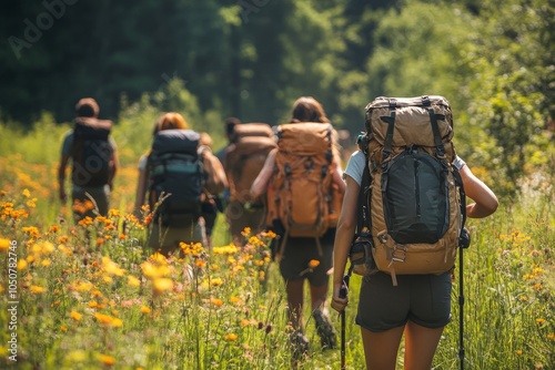 Group of people hiking in nature on a summer day, Generative AI