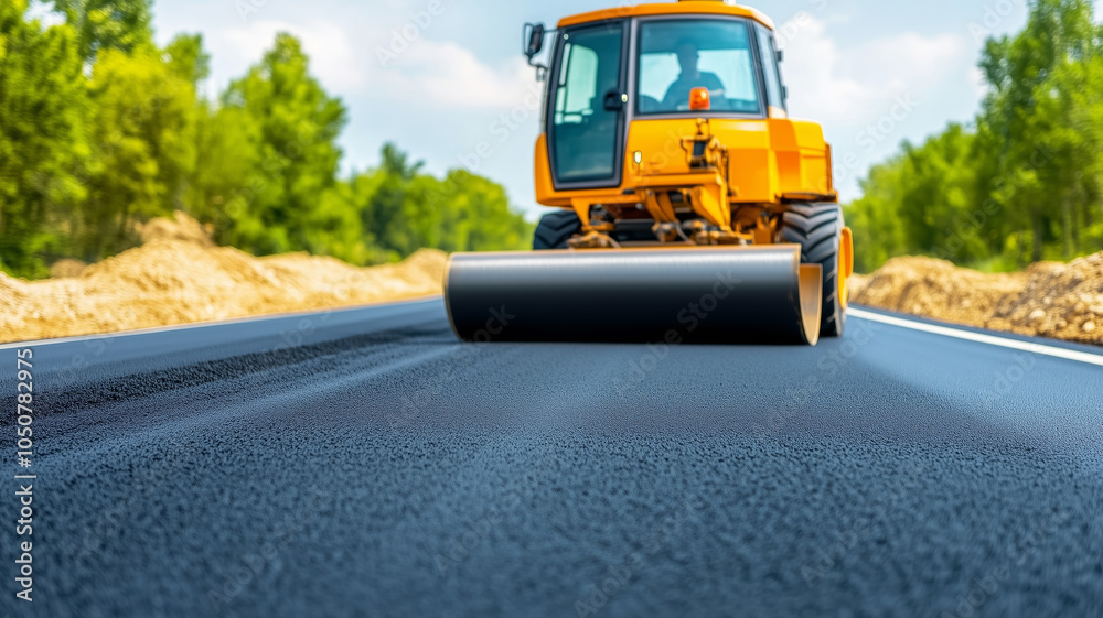 Asphalt paver in action laying down a fresh layer of blacktop on a sunny day Asphalt paver in action laying down a fresh layer of blacktop on a sunny day
