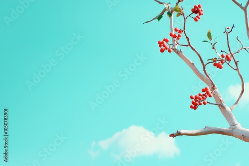The bright red berries of mountain ash (rowan) can be seen on the branches of the tree