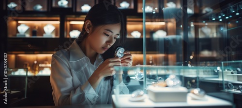 Jewelry Appraiser Evaluating Diamond Ring in Luxurious Boutique Setting for Display Design photo