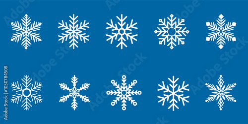 Snowflakes icons set. Collection of white snowflakes on a blue background. Snow sign. Vector illustration.