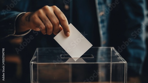 Close-up of a hand placing a ballot into a transparent voting box