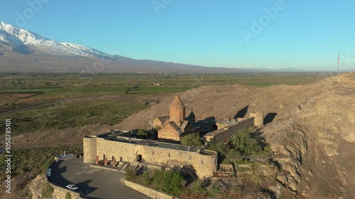 Aerial footage of Khor Virap monastery with Mount Ararat in the background in Ararat Plain, Armenia