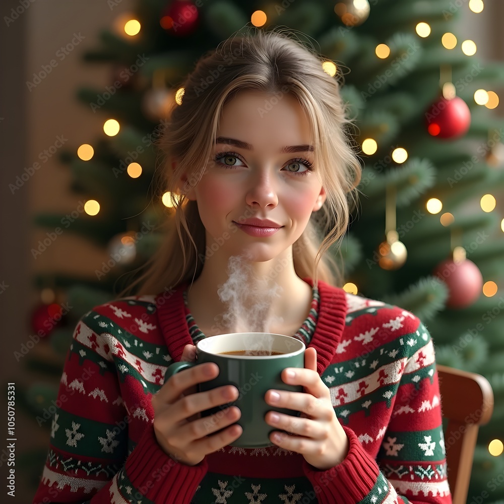 woman drinking coffee infront of with christmas tree woman drinking coffee infront of with christmas tree