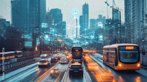 Futuristic smart city traffic with connected vehicles..