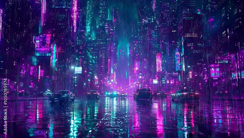 Obraz premium Cyber punk landscape concept with glowing lights in the dark. Night life with 5G technology. A futuristic design of Sci-Fi Capital city and building. Stock image.