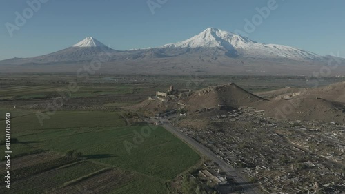 Aerial footage of Khor Virap monastery and Mount Ararat in the Ararat Plain in Pokr Vedi, Armenia photo