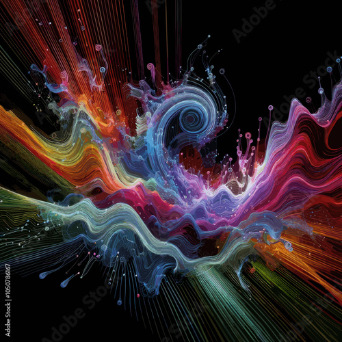 Dynamic abstract composition of swirling colors and lines against a black background