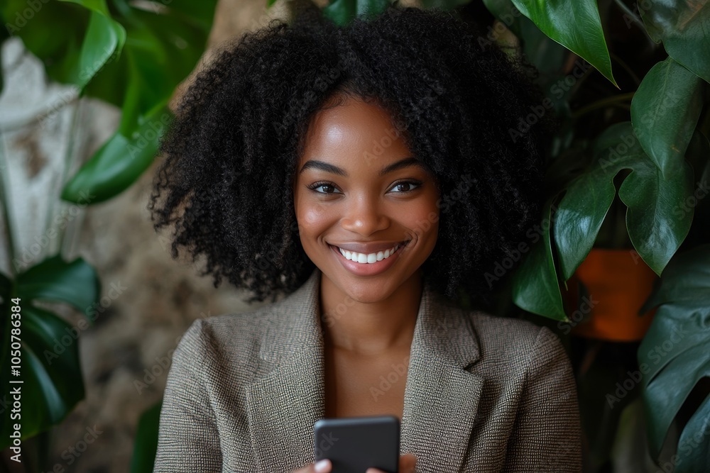 Professional black woman smiling and using a mobile phone, Generative AI Professional black woman smiling and using a mobile phone, Generative AI