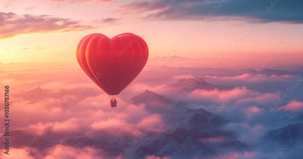 Obraz premium Valentine's Day. A red heart-shaped balloon floats over misty mountains at sunrise, with warm pastel skies creating a serene, romantic feel.