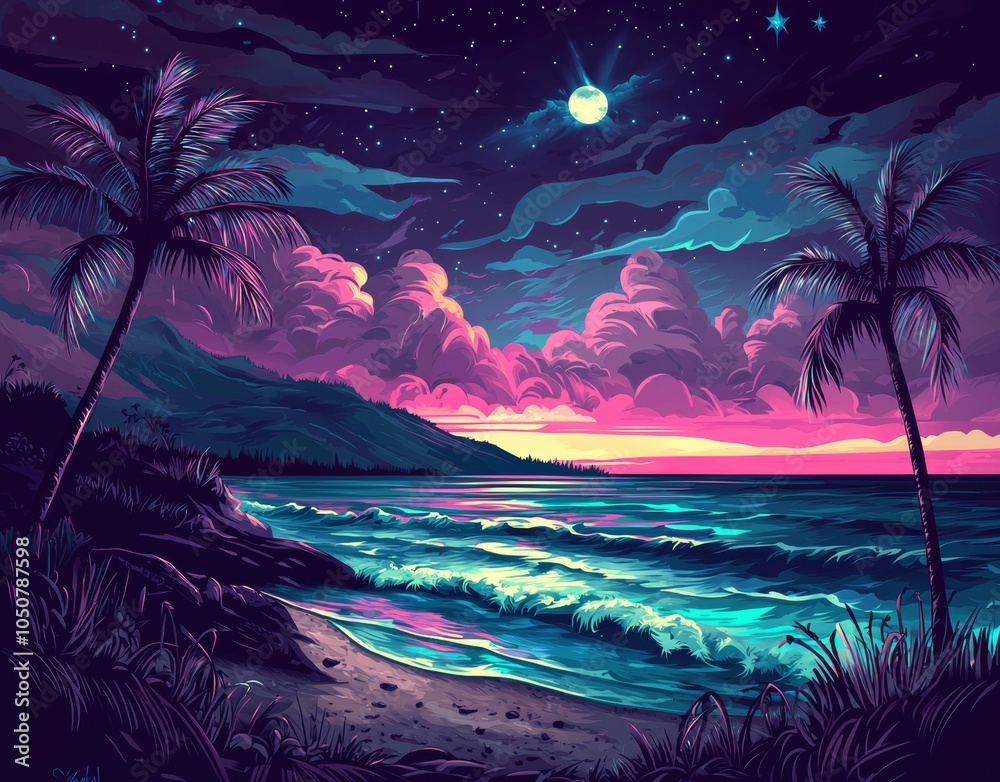 A futuristic cyberpunk themed seashore with palm trees and neon colors A futuristic cyberpunk themed seashore with palm trees and neon colors