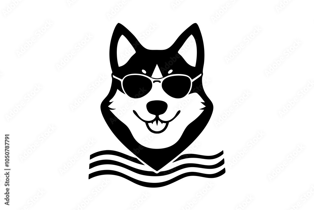 Fototapeta premium Vector portrait of Siberian husky dog wearing sunglasses and retro bow.with white background.