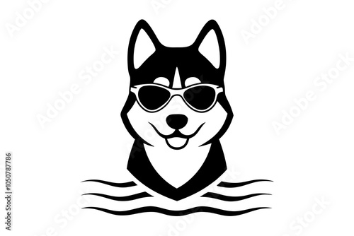 Vector portrait of Siberian husky dog wearing sunglasses and retro bow.with white background.