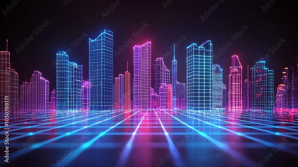 An abstract futuristic city surreal landscape with neon glow light and virtual reality. An abstract futuristic city surreal landscape with neon glow light and virtual reality.