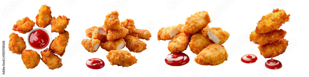 Collection of fried chicken fingers nuggets with ketchup sauce isolated on transparent or white background Collection of fried chicken fingers nuggets with ketchup sauce isolated on transparent or white background