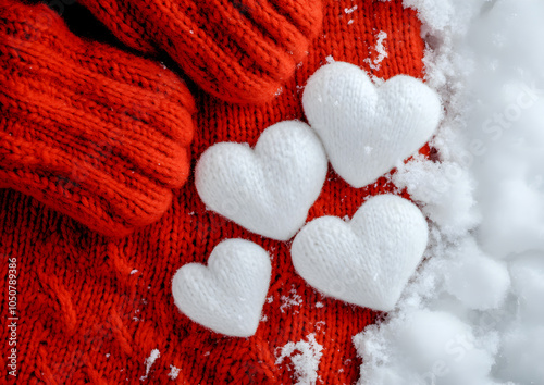 hands in mittens with decorative heart on snow background. AI generative. photo