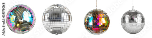 Collection of colorful and silver disco mirror balls isolated on transparent or white background photo