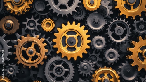 A grid of differently sized gears turning in unison, Depicting the synchronized effort of diverse talents in achieving common goals, photography style photo