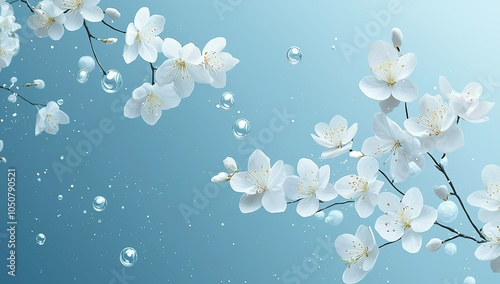 A blue background with white flowers and small bubbles, creating an elegant...
