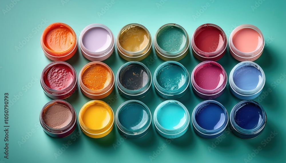 Assorted Acrylic Paints in Glass Jars on Teal Background. Vibrant Palette for Art Projects, DIY Crafts, and Color Theory Studies. Ideal for Canvas Painting, Custom Designs, and Creative Workshops Assorted Acrylic Paints in Glass Jars on Teal Background. Vibrant Palette for Art Projects, DIY Crafts, and Color Theory Studies. Ideal for Canvas Painting, Custom Designs, and Creative Workshops