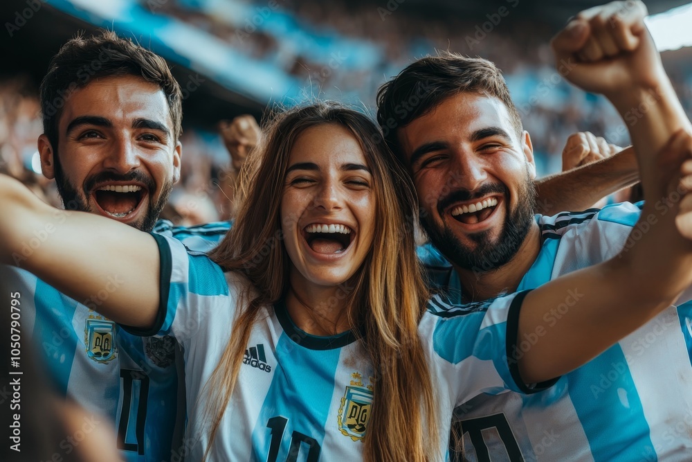 Group of Argentinian soccer fans cheering in stands, Generative AI Group of Argentinian soccer fans cheering in stands, Generative AI