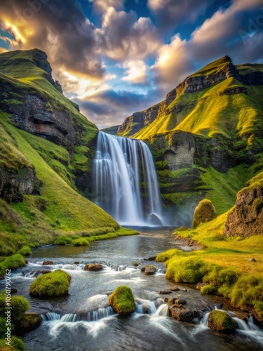 Peaceful summer sunrise on Stjornarfoss waterfall, amazing beautiful natural green season landscape with majestic river and dramatic clouds Sudurland, Iceland, Europe
