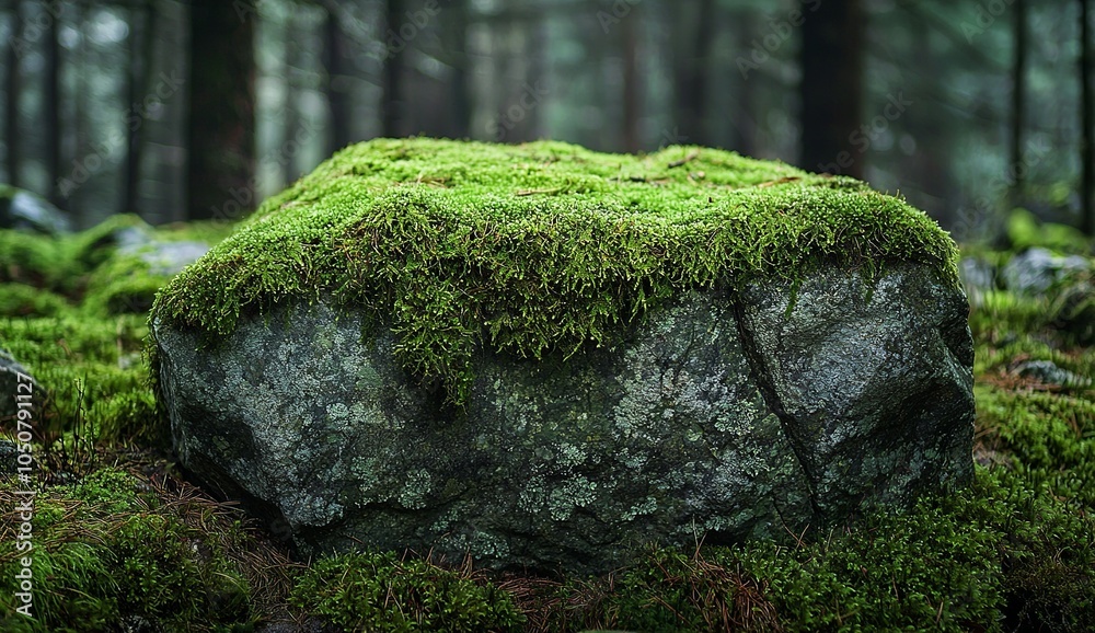 A moss-covered stone in the forest, creating an enchanting and rustic... A moss-covered stone in the forest, creating an enchanting and rustic...