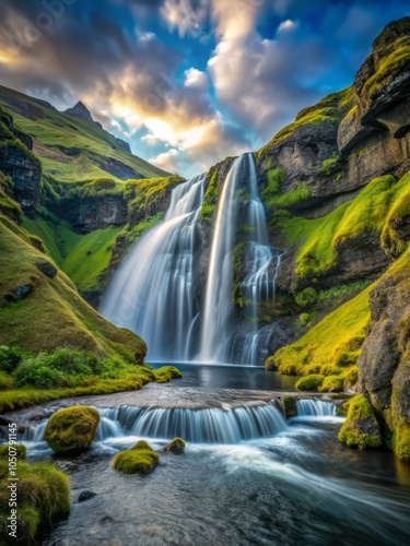 Peaceful summer sunrise on Stjornarfoss waterfall, amazing beautiful natural green season landscape with majestic river and dramatic clouds Sudurland, Iceland, Europe photo