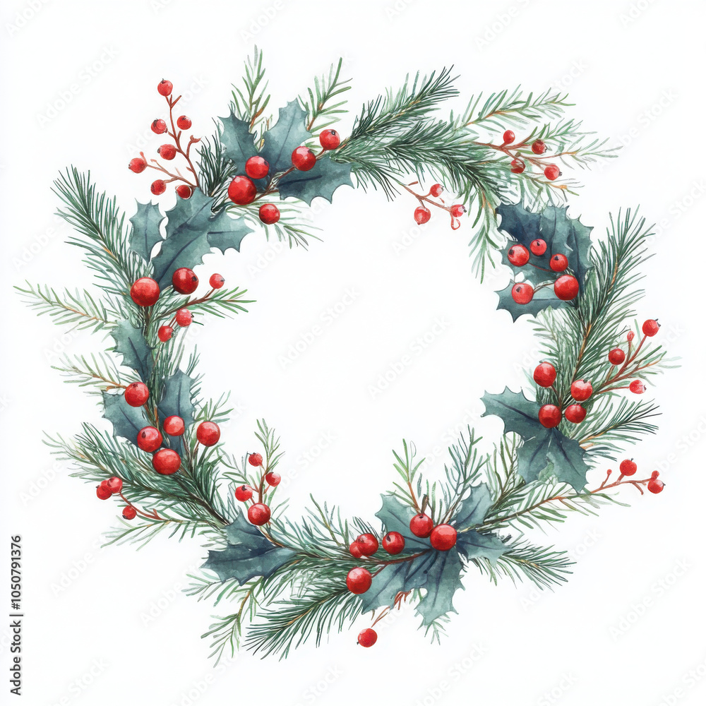 Watercolor round christmas frame with fir branches berry leaves plant herb winter flora isolated on white background. Botanical greenery holiday illustration for wedding invitation card design Watercolor round christmas frame with fir branches berry leaves plant herb winter flora isolated on white background. Botanical greenery holiday illustration for wedding invitation card design