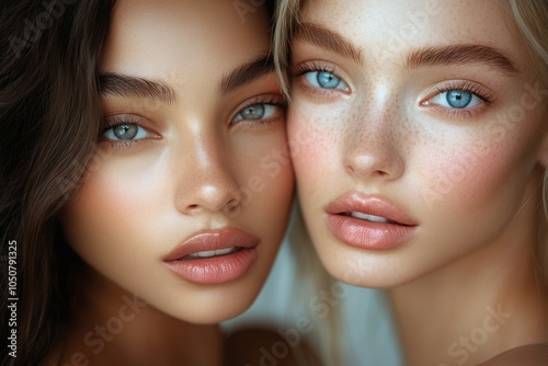 Two beautiful women with perfect skin, Generative AI