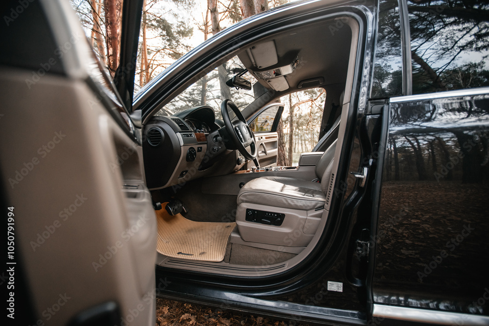 The open driver's door of the car and the view of the car from the inside The open driver's door of the car and the view of the car from the inside
