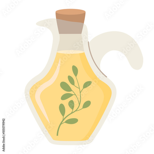 Bottle of olive oil, herbs and spices.Olive oil with thyme.Bottle dispenser with vegetable oil.Vector illustration.Isolated on white background.