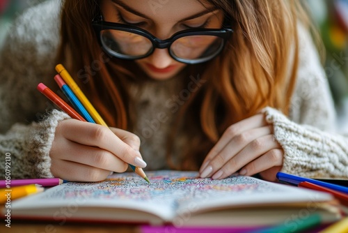 Woman coloring an adult coloring book with pencils, Generative AI