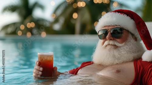 Santa Claus relaxes in pool, wearing sunglasses and holding tropical drink, surrounded by palm trees and festive lights. His joyful expression adds holiday vibe