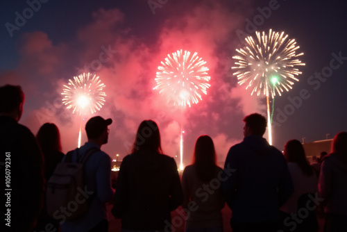 people gathered outdoors watch colorful explosions night sky distance